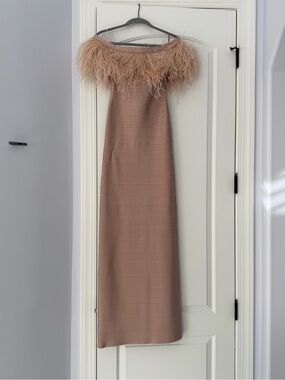 Herve Leger Off Shoulder Feather Trim Bandage Gown in Blush pink